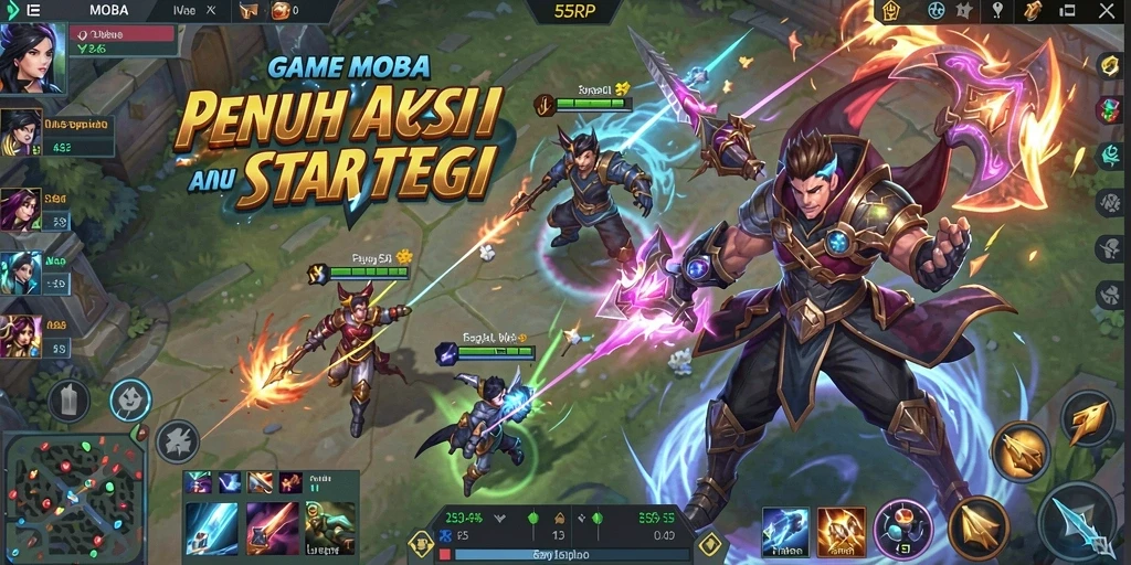 Tampilan gameplay seru di arena MOBA 55RP.