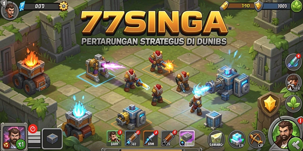 Screenshot gameplay menampilkan berbagai menara dan musuh yang menyerang.