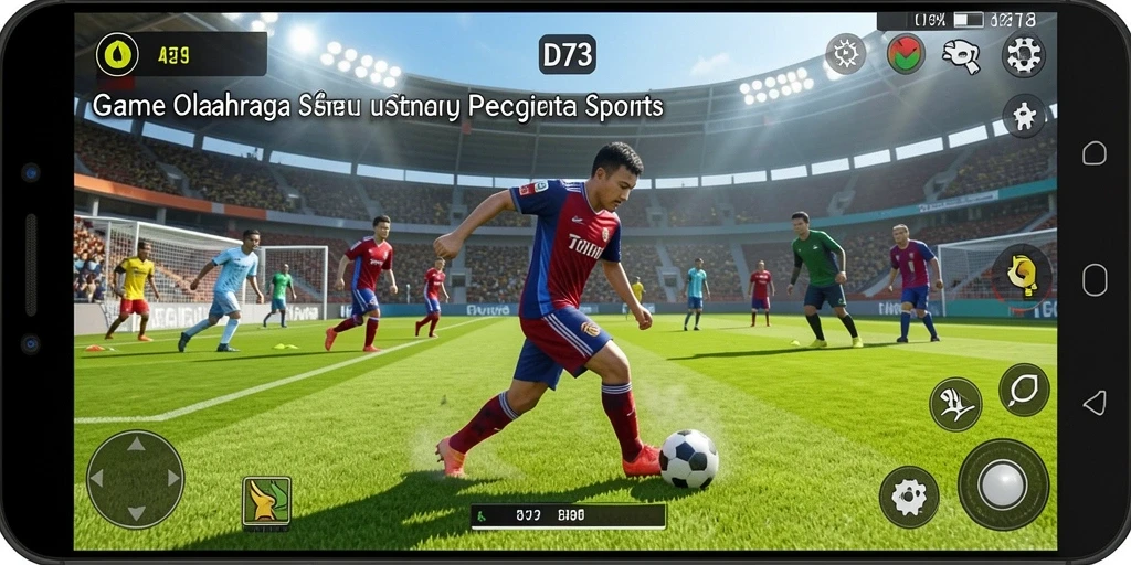 Tangkapan layar gameplay D73 menunjukkan aksi seru pertandingan olahraga.