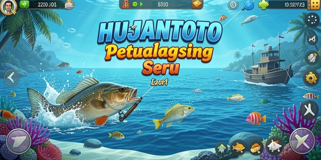 Gameplay HUJANTOTO menampilkan aksi memancing yang mendebarkan dan pemandangan laut yang indah.