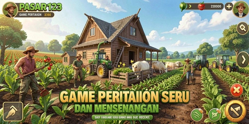 Tangkapan layar gameplay PASAR123 yang menampilkan pertanian yang rimbun dan hewan ternak.