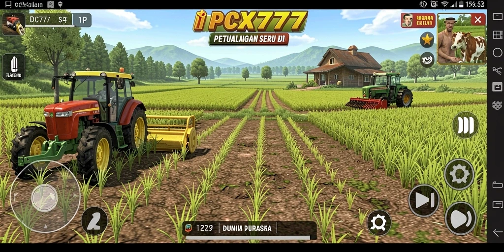 Tampilan gameplay PCX777 dengan ladang tanaman subur dan hewan ternak.