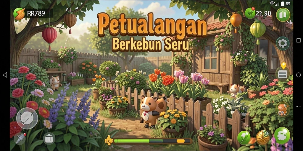 Screenshot utama RR789 menampilkan aksi seru berkebun